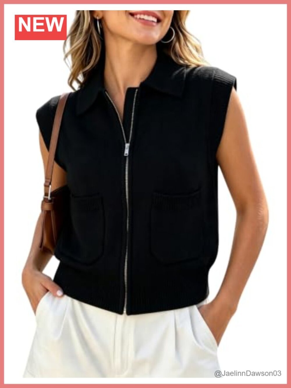 Women's Zip Up Sleeveless Knit Sweater Vest Collared Cardigan Top